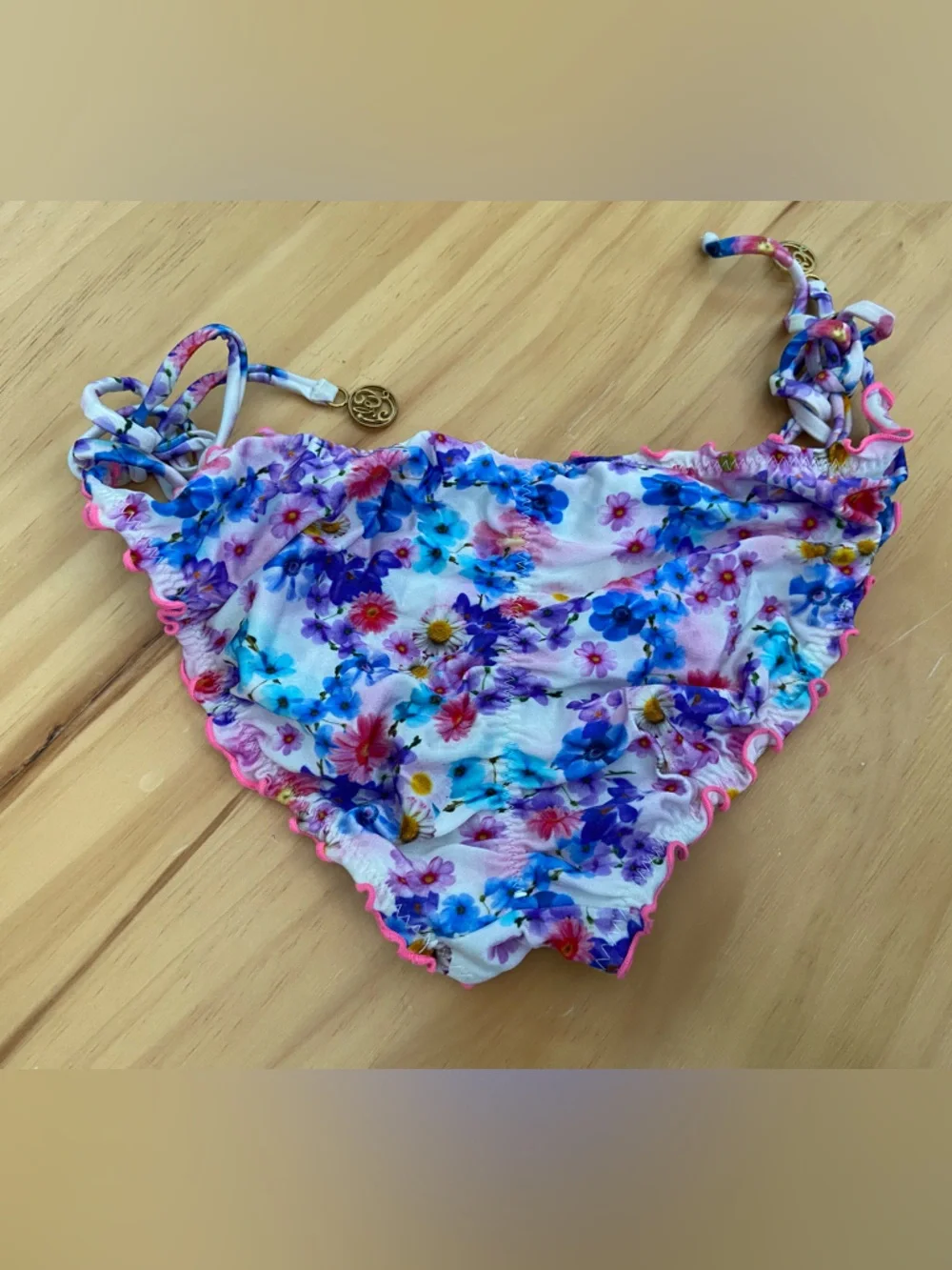 Luli Fama White Floral Print Ruffle Triangle Bikini with Pink Trim